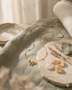 gold bow charm beaded satellite chain necklace