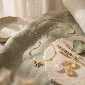 gold bow charm beaded satellite chain necklace