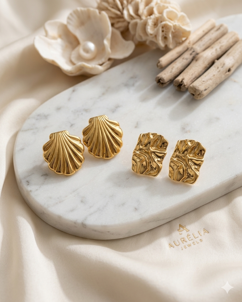 premium 18k gold plated anti tarnish sculptural ear stud collection seashell & textures premium 18k gold plated anti tarnish sculptural ear stud collection seashell & textures