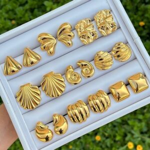 premium 18k gold plated anti tarnish sculptural ear stud collection seashell & textures